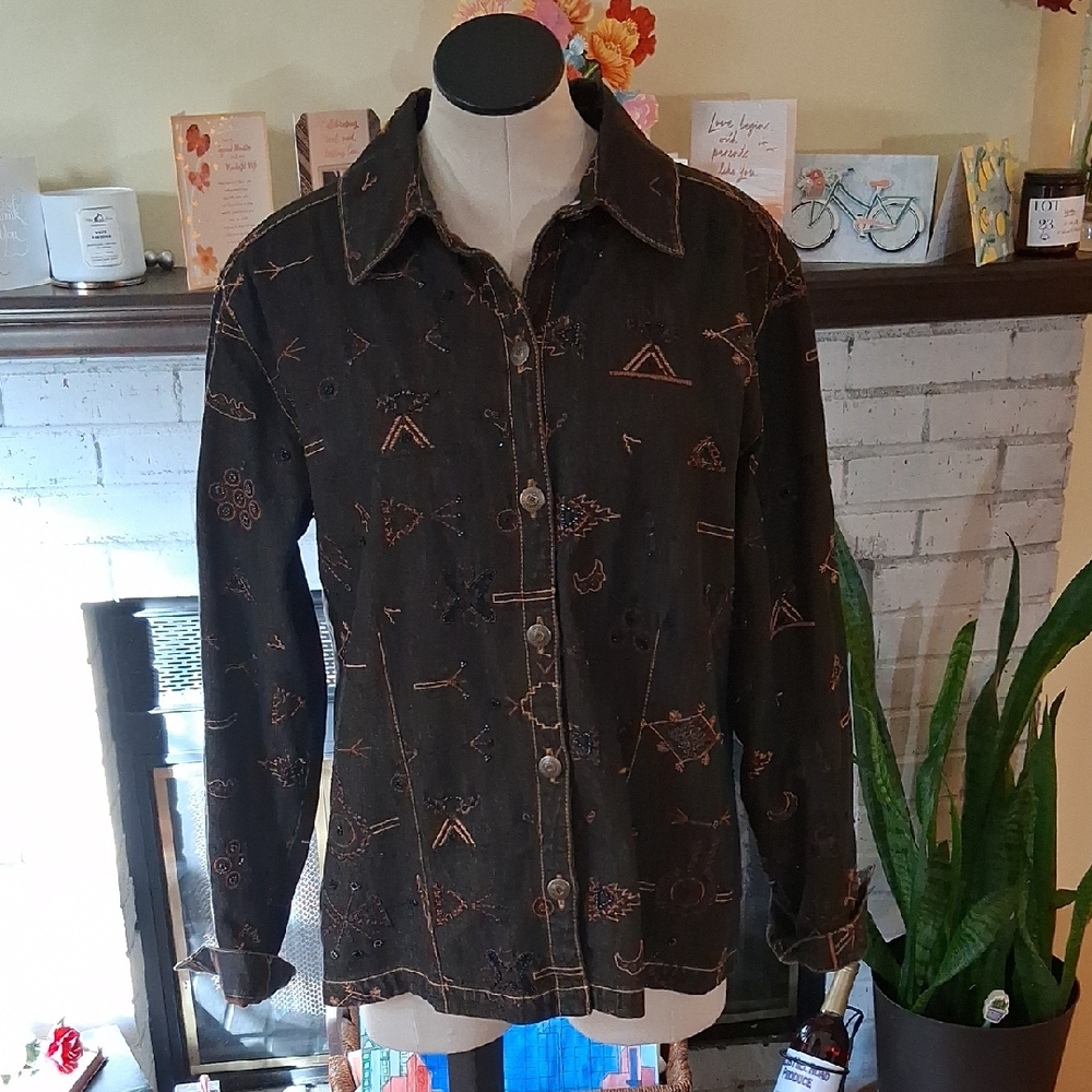 Button-up Denim Jacket With Beaded Pattern